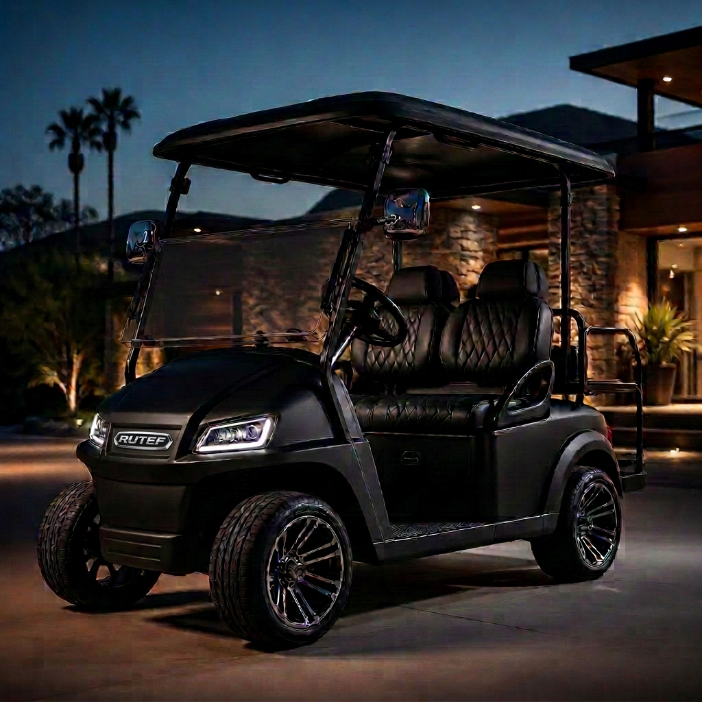 Matte black luxury two-seater golf cart with quilted black leather