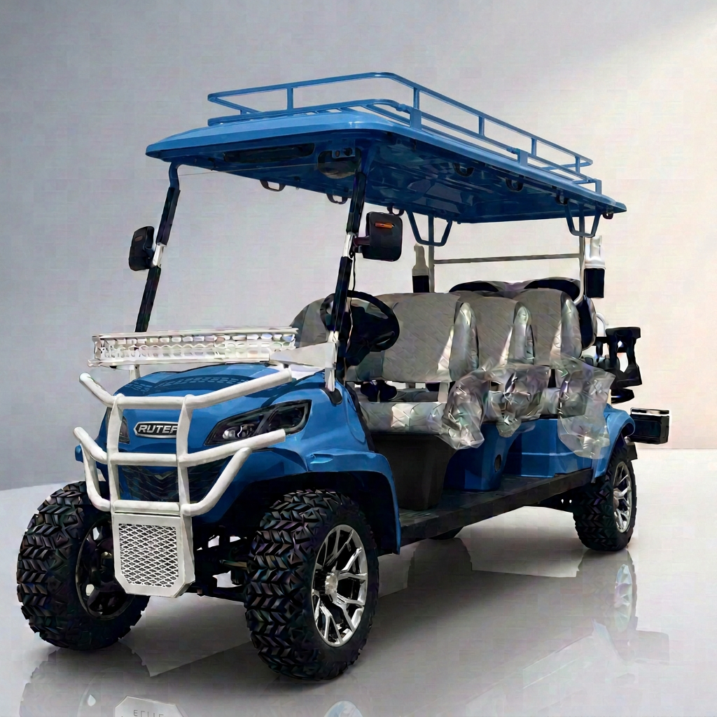 Light blue lifted six-seater golf cart with white roof rack, brush guard, front basket, and quilted seats