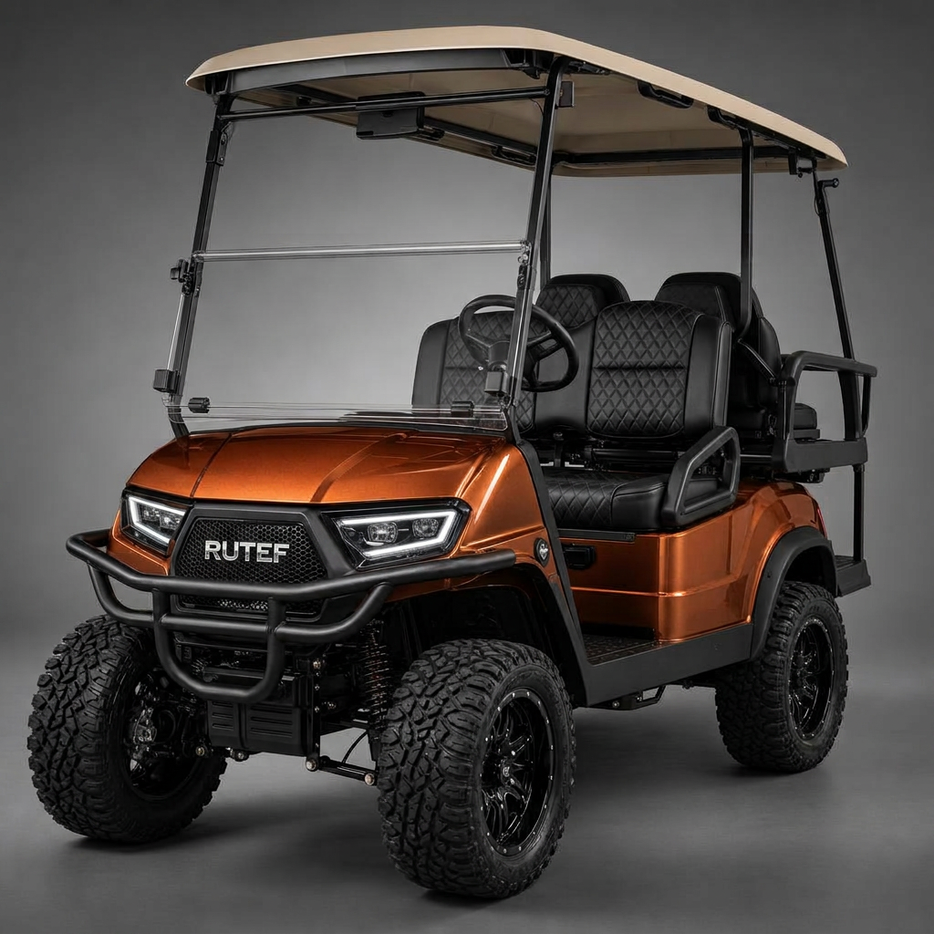 Copper-orange metallic lifted four-seater golf cart with black brush guard, all-terrain tires, and black quilted leather seats in a studio setting