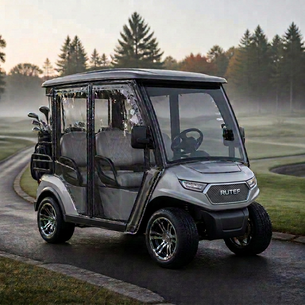 Silver enclosed four-seater golf cart with transparent weather doors