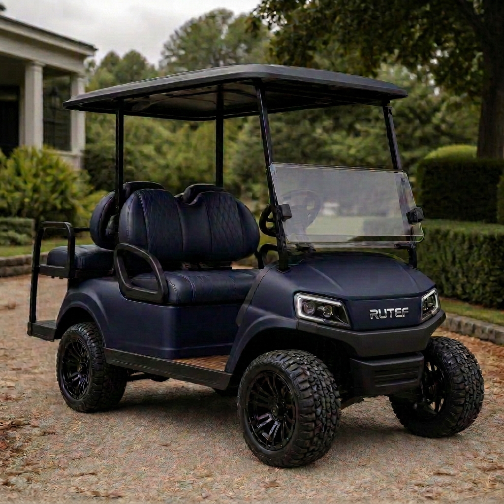 Matte navy four-seater golf cart with rugged wheels and wood grain dash