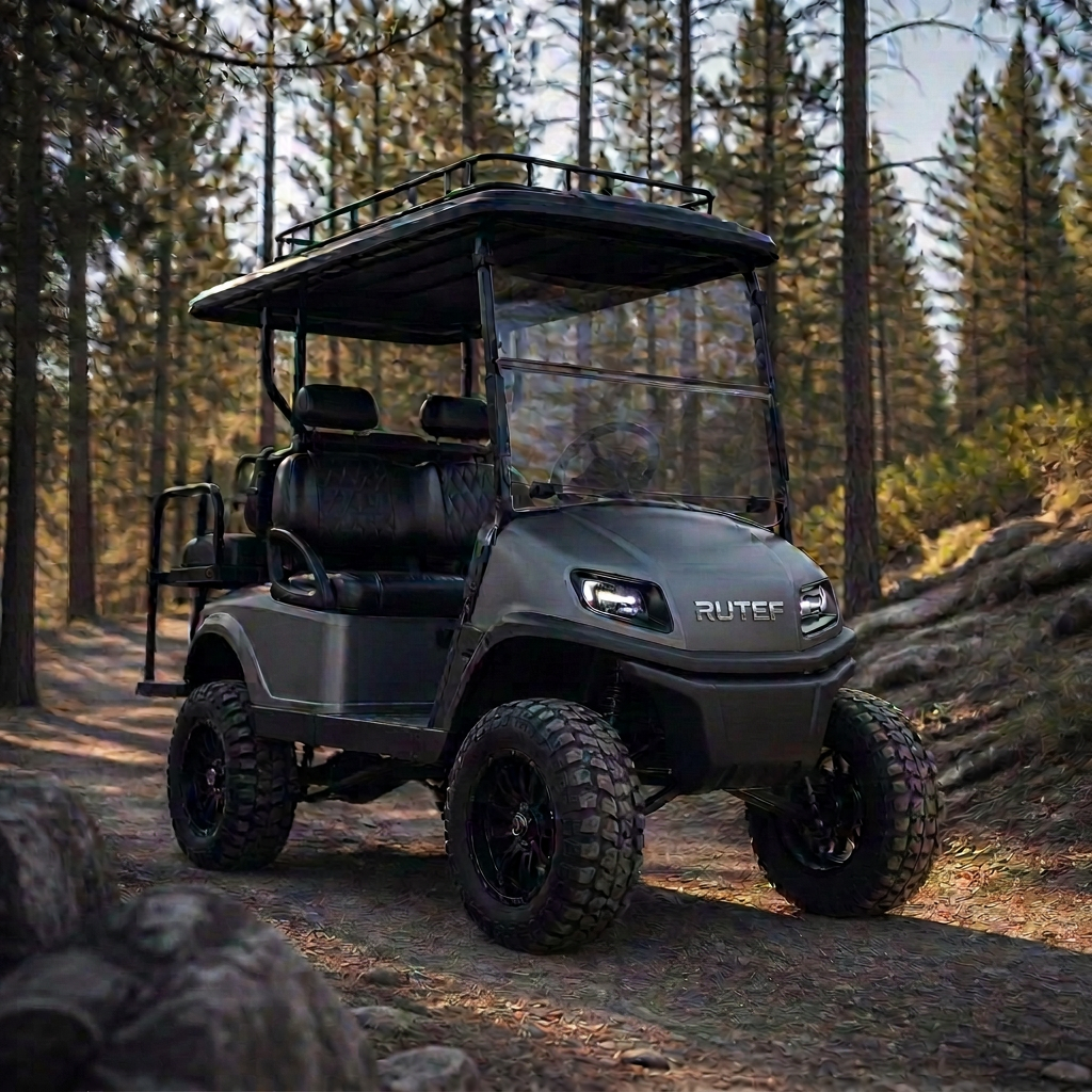 Hunter grey lifted off-road golf cart with brush guard and roof rack