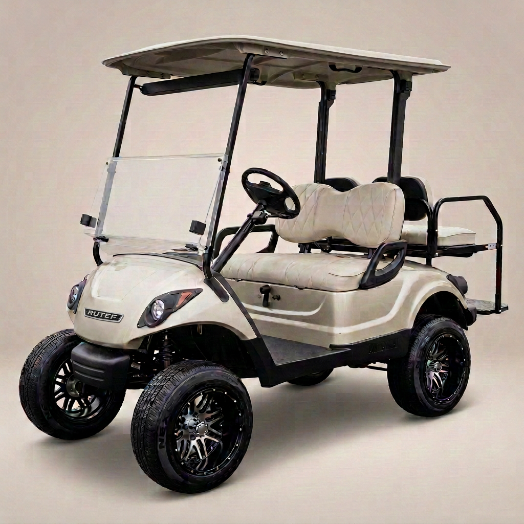 Pearl white lifted four-seater golf cart with black wheels and quilted white seats