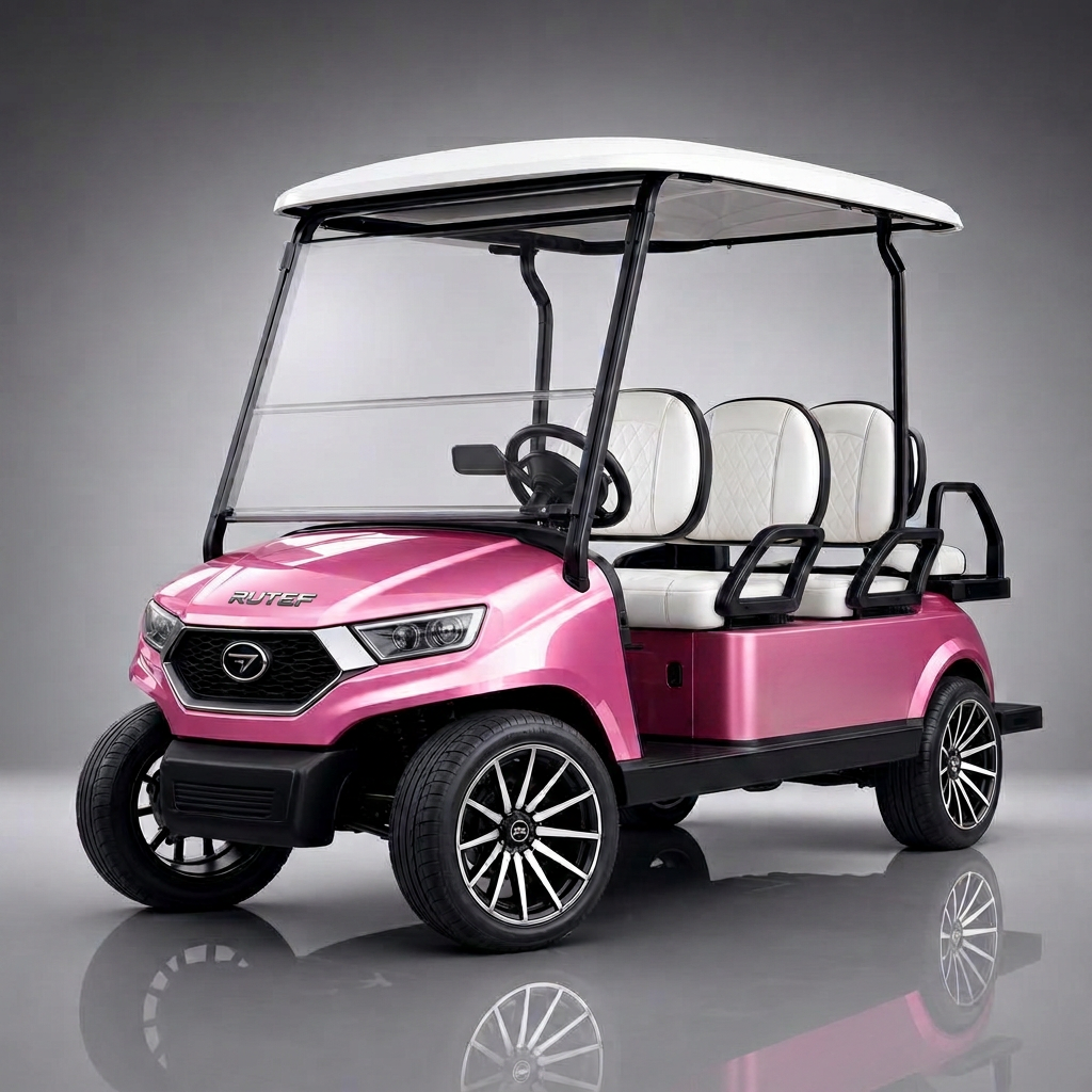 Metallic pink four-seater golf cart with white quilted seats, white canopy, and Rutef badging in a studio setting