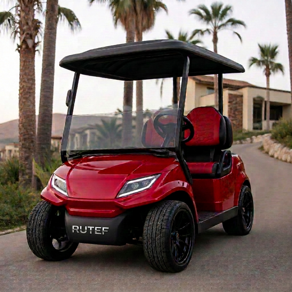Deep red performance sport golf cart with black wheels