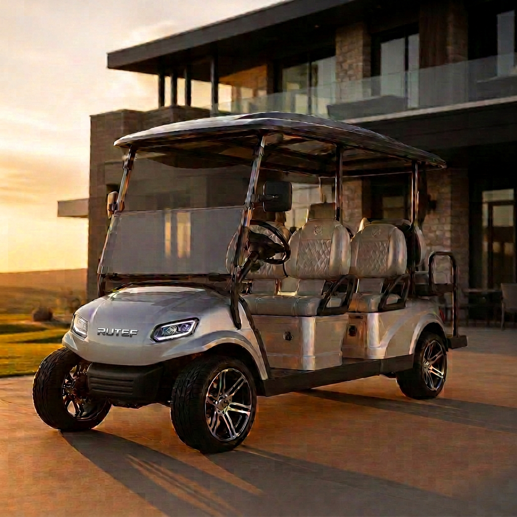Silver metallic four-seater luxury golf cart with panoramic canopy