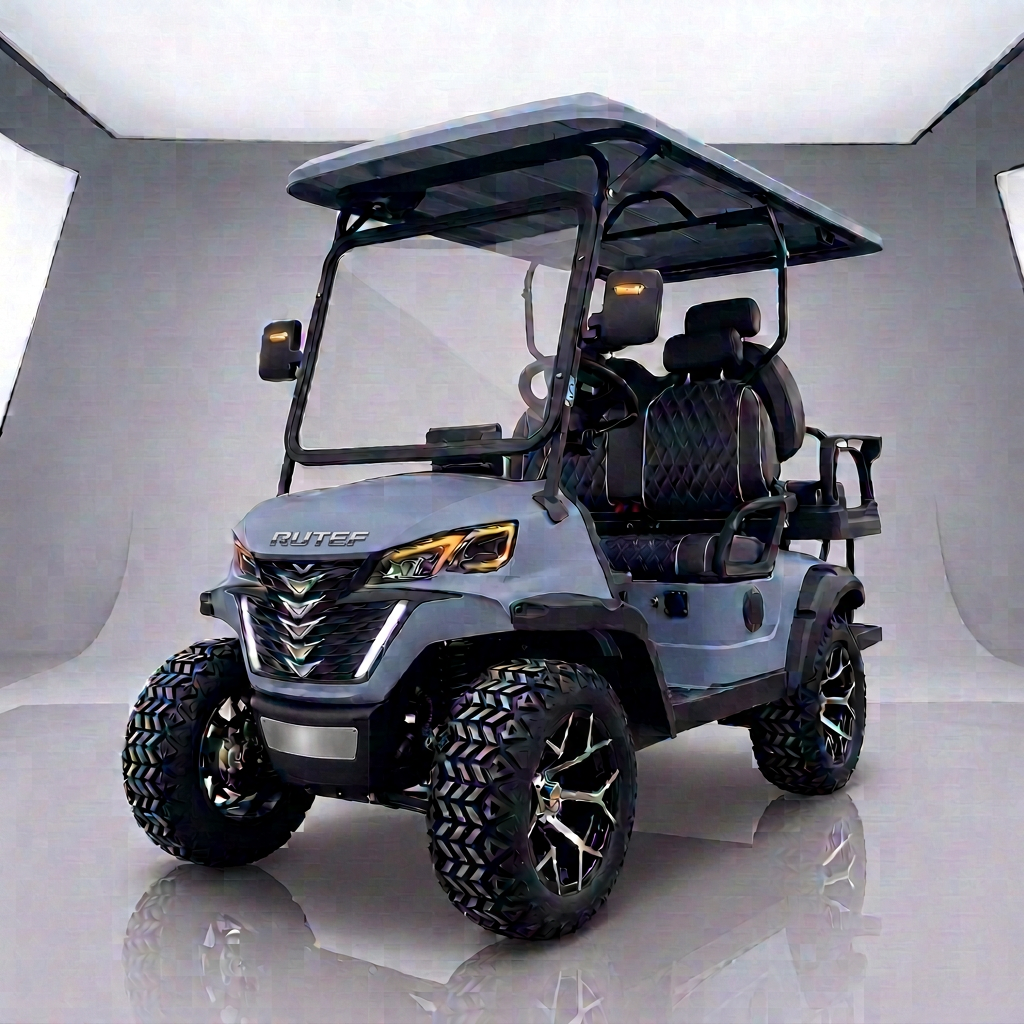 Light blue lifted four-seater golf cart with black wheels and quilted seats