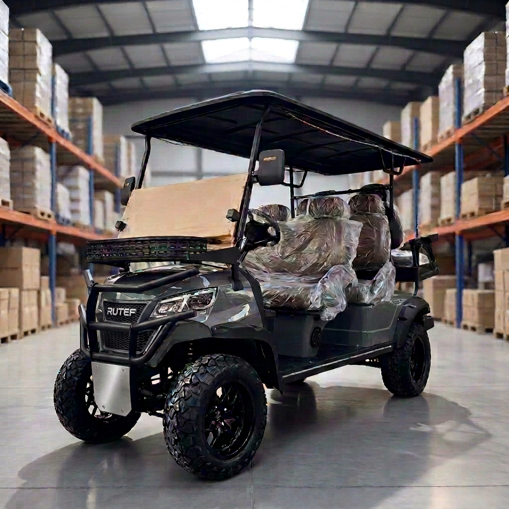 Dark gray lifted four-seater golf cart with front basket and brush guard in a warehouse setting