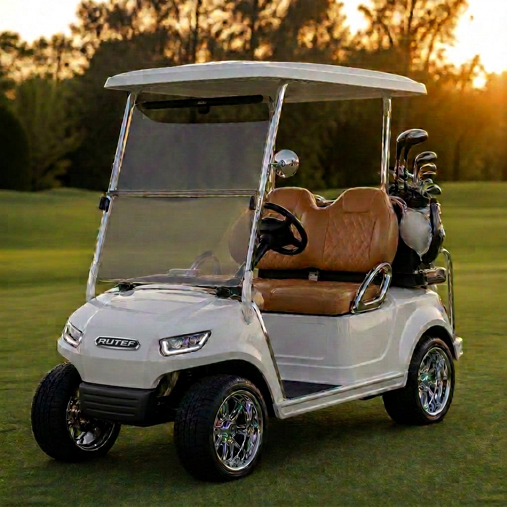 Pearl white luxury two-seater golf cart with tan leather seats