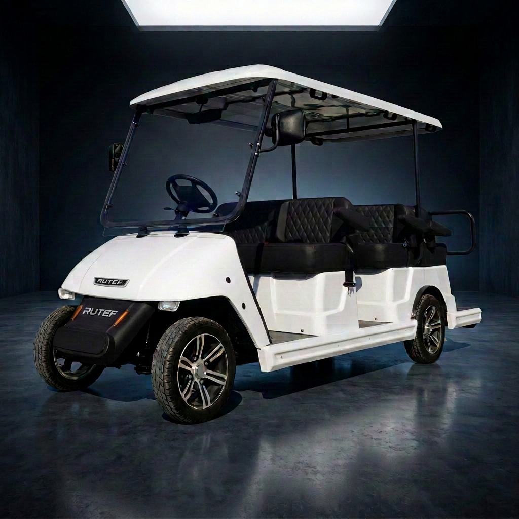 White four-seater resort golf cart with black diamond-stitched leather seats, Rutef badging, photographed in a dramatic studio setting