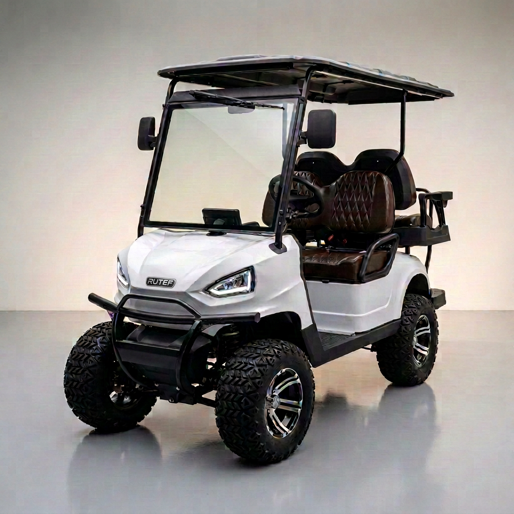 White lifted four-seater golf cart with brown diamond-stitched leather seats and black brush guard in a studio setting