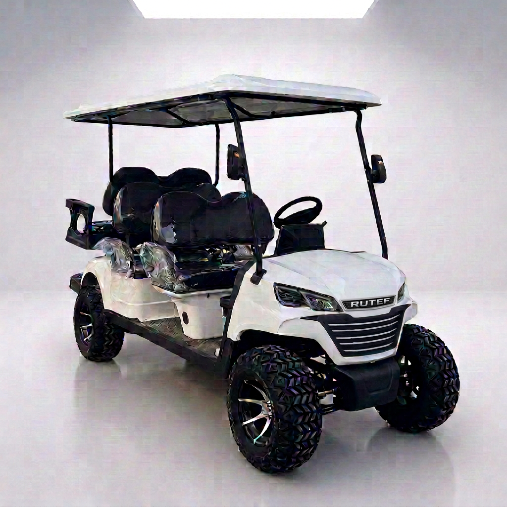 White lifted four-seater golf cart with black seats, LED grille, and all-terrain tires in a studio setting