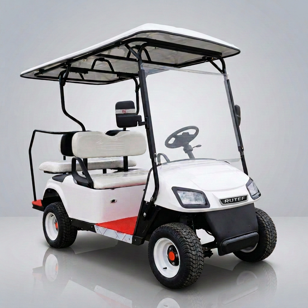 Pearl white four-seater golf cart with clear canopy and rear-facing bench, photographed in a studio setting
