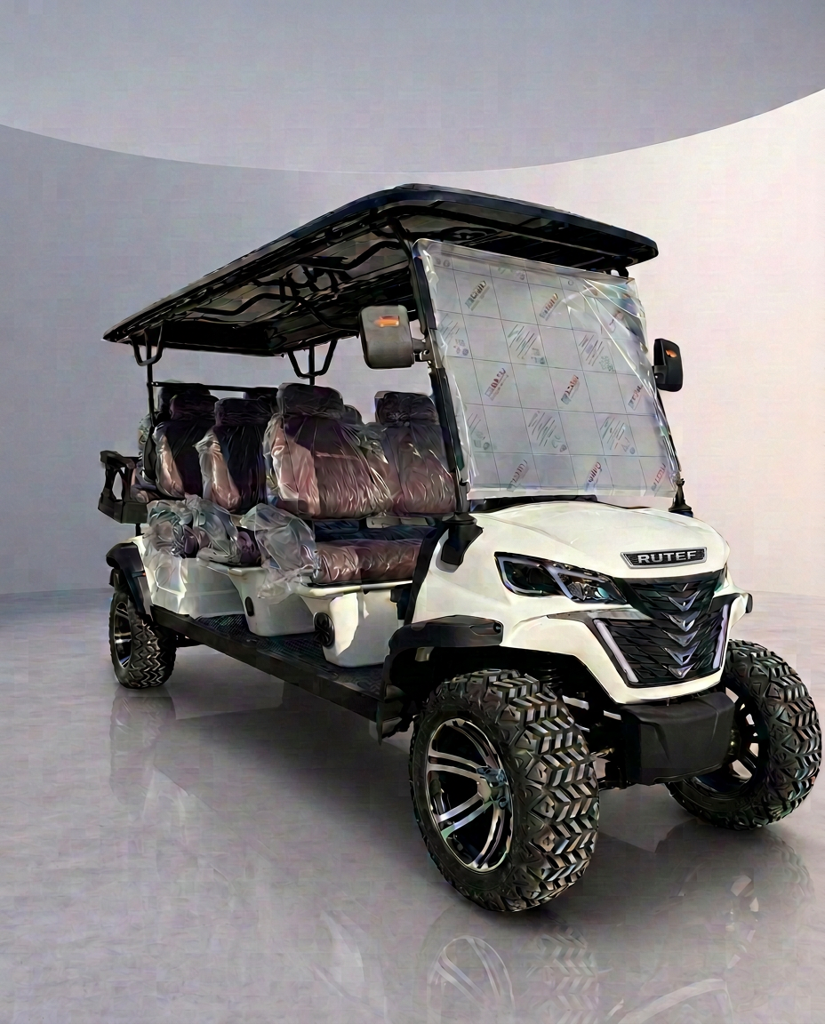 White lifted six-seater golf cart with black roof, burgundy leather seats, LED headlights, and all-terrain tires